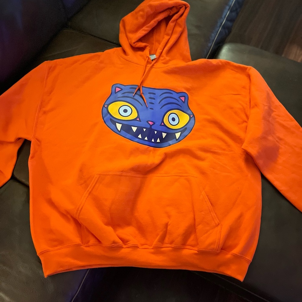 K-Pop Demon Hunter Derpy Cat Sweater Orange Hoodie with Blue Cat Graphic